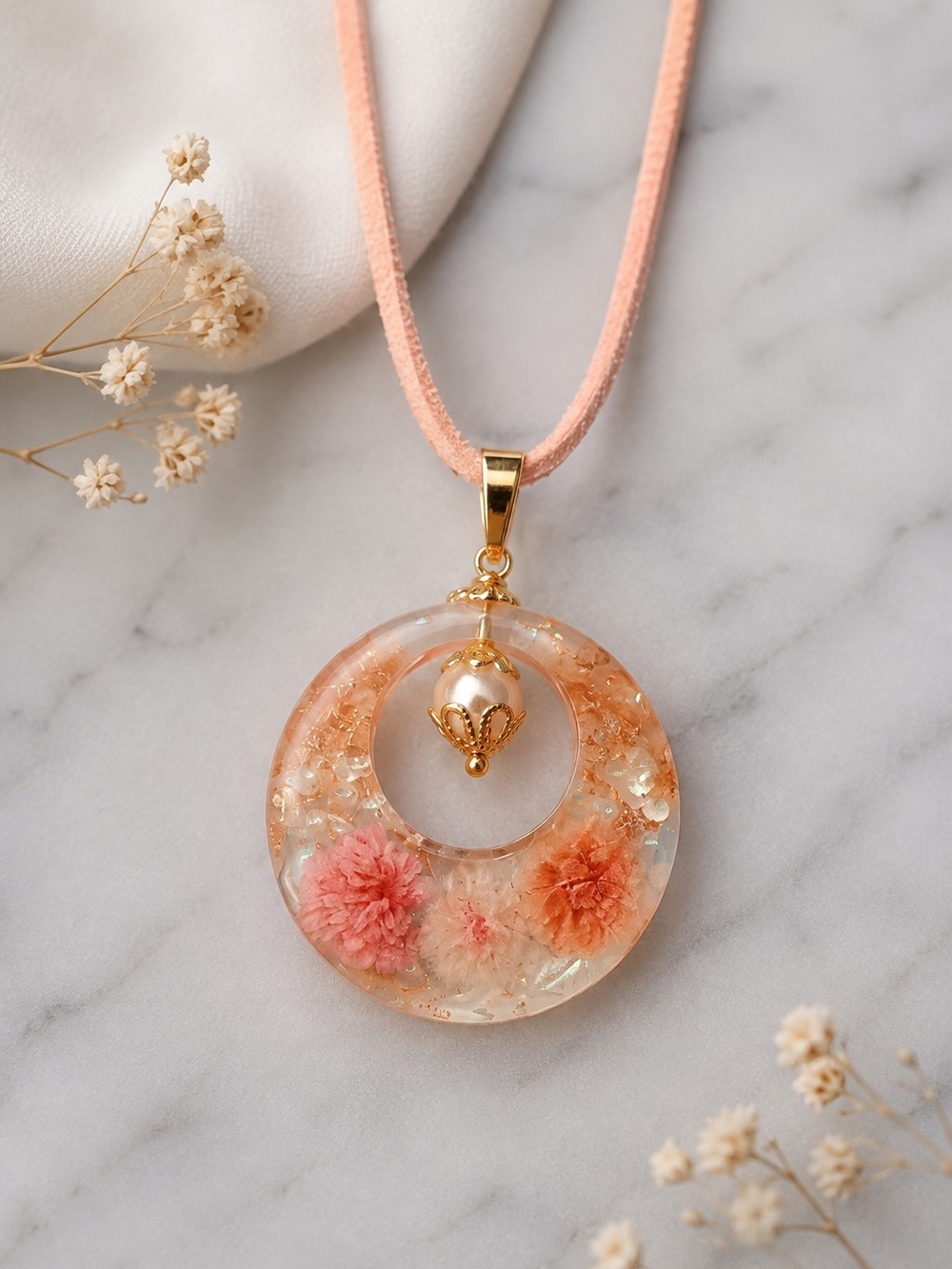 Delicate Pink Floral Resin Pendant Necklace